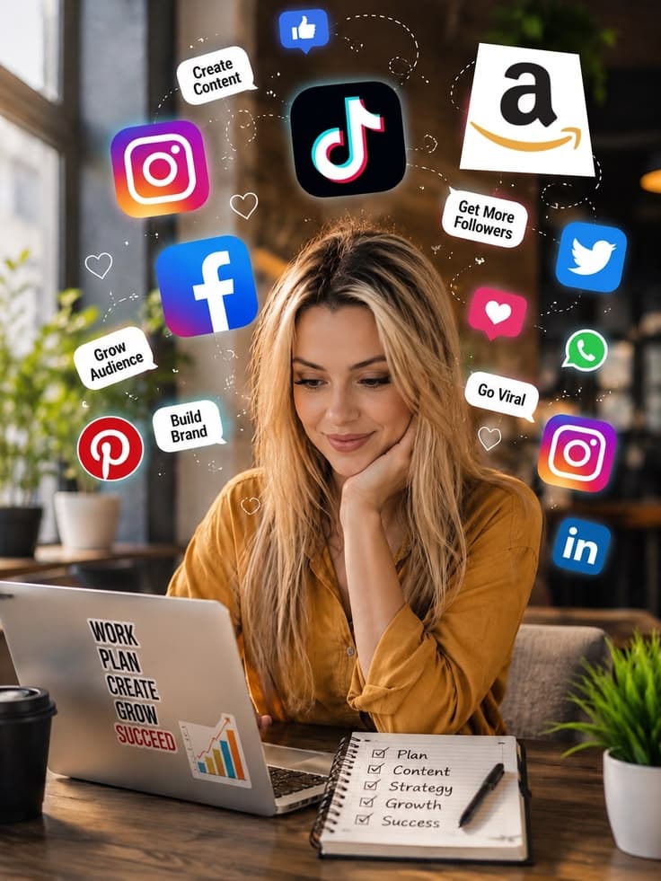 Une créatrice de contenu entourée des logos des réseaux sociaux
